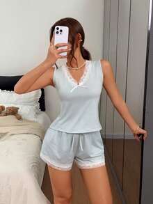 Dream Adore Women's Striped Bow Contrast Lace Camisole And Shorts Pajama Set - Green - View 4