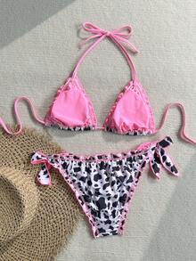 Soleia Women's Retro Colorful Leopard, Zebra, Floral Print Ruffled Tie-Front Tassel Decorated Bikini Set, Suitable For Beach Vacation - Multicolor - View 2