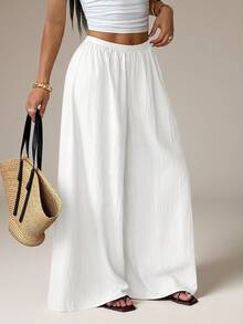 SHEIN PETITE Quần ống rộng dáng suông chất liệu vân nổi phong cách thường ngày cho mùa hè và đi du lịch - trắng - Xem 2