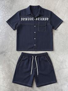 PAVTROS Men's Summer Lightweight Thin Striped Woven Retro Denim-Feel Gothic Text Print Short Sleeve Shirt And Casual Shorts Set - Navy Blue - View 6