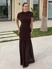Mélanie ORL Elegant Ruched Skirt Bodycon Dress Summer - Brown - View 4