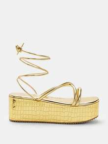 Glitzique Gold Criss-Cross Round Strap Platform Sandals - Fashion Fairy Princess Roman Style Halloween,Spring Summer Outfits - Gold - View 7