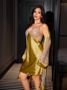SilkySpell Lace Mesh Patchwork Faux Silk Camisole And Robe Sleepwear Set Night Black And Gold Autumn - Mustard Yellow - View 5