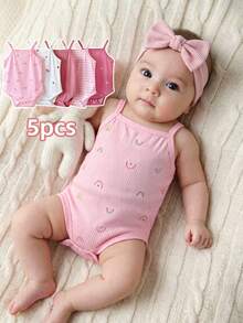 SHEIN Playful Pals 5件組女嬰幼童0-3歲休閒日常百搭萬用連身衣套裝，多色水果、彩虹、花卉、條紋羅紋針織連身衣套組 - 粉色 - 查看 8