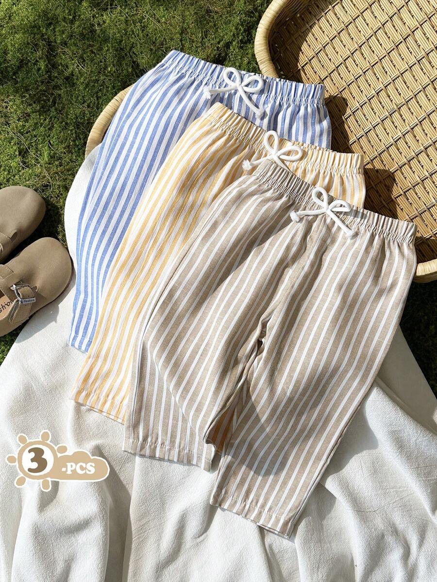 Vintaside Kids 3 st långbyxor för babypojkar i pastoral stil, enkla och mångsidiga med ränder i orange, blått och khaki, lämpliga för vardagsbruk, utflykter och semester på våren och sommaren - Multifärgad - Visa 1