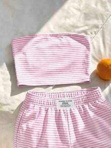 Comfortcana Bộ trang phục thường ngày tối giản, đa năng, phù hợp dự tiệc, sân bay, màu hồng trắng sọc với logo trên cạp quần, trang phục nghỉ dưỡng, đi biển, trang phục mùa hè cho nữ, áo ống và quần short 2 mảnh dành cho nữ. - Nhiều màu - Xem 6