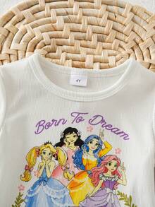 SHEIN Young Girl' White Ribbed Princess Graphic Short Sleeve Top And Pants Casual Outfit, Suitable For Outings And Gatherings - Purple - View 3