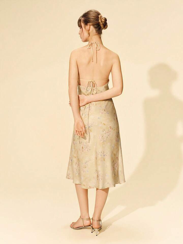 beige floral bridesmaid dress Halter Neck Midi Satin Occasion Vacation Party Premium Wedding Guest Summer Elegant｜lacRébo featuring a charming bow