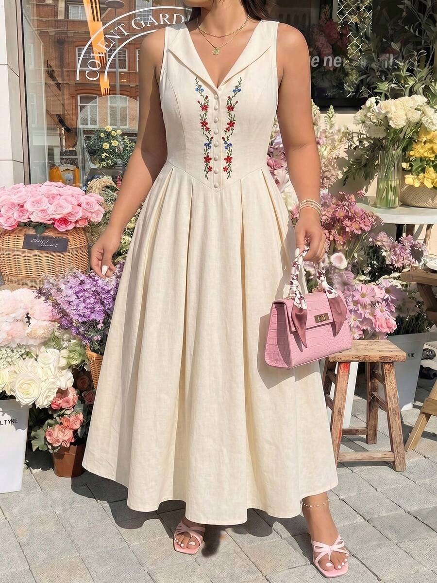 SHEIN MOD Đầm midi không tay thêu họa tiết dành cho nữ, thích hợp mặc hàng ngày, trang phục mùa xuân/hè, đầm dài dự tiệc, đầm dự đám cưới, đầm tốt nghiệp, đầm dự lễ, phong cách cổ điển, lãng mạn, thoải mái, thanh lịch, đầm thêu, đầm hoa, đầm dạ hội, trang phục đi biển, đầm dã ngoại, đầm dự tiệc trà, đầm lễ hội, đầm dài đến bắp chân, đầm màu be, đầm midi xếp ly dáng chữ A lấy cảm hứng từ phong cách cổ điển với họa tiết thêu hoa tinh tế và hàng cúc phía trước, đầm mùa hè, mùa xuân