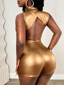 SHEIN BamGlam Women's Fitted Backless Coated Short Jumpsuit - Brown - View 2