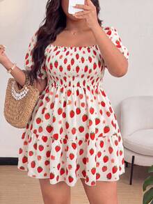 Lyrianda Plus Size Women's Strawberry Print Vacation A-Line Square Neck Dress - Multicolor - View 1