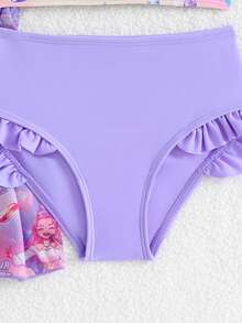 SHEIN Set Baju Renang Anak Perempuan, Baju Renang 3 Potong Motif Kartun Lucu, Modis, Kasual, Indah, dan Menawan, Cocok untuk Berenang, Liburan, dan Musim Panas - Purple - View 5