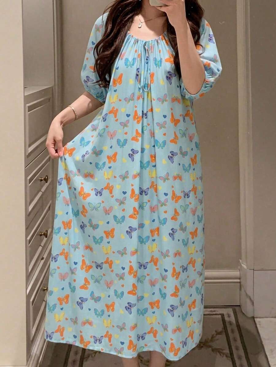 DAZY 女款寬鬆蝴蝶印花抽繩領睡袍,夏季 - 淺藍色 - 查看 1