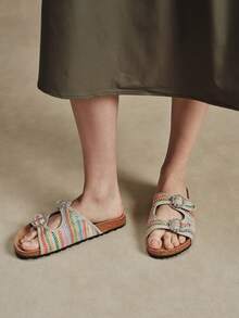 Solecia Women's Shoes Bohemian Rainbow Braided Rhinestone Double Buckle Cork Sandals, Wearing Sandals Summer - Multicolor - View 3