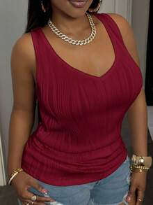 Slaydiva Plus Size Women's Casual Basic V-Neck Camisole, White - Burgundy - View 1
