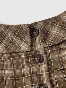ROMWE Kawaii Vintage Cute Versatile Plaid A-Line Peter Pan Collar Plus Size Blouse - Khaki - View 3