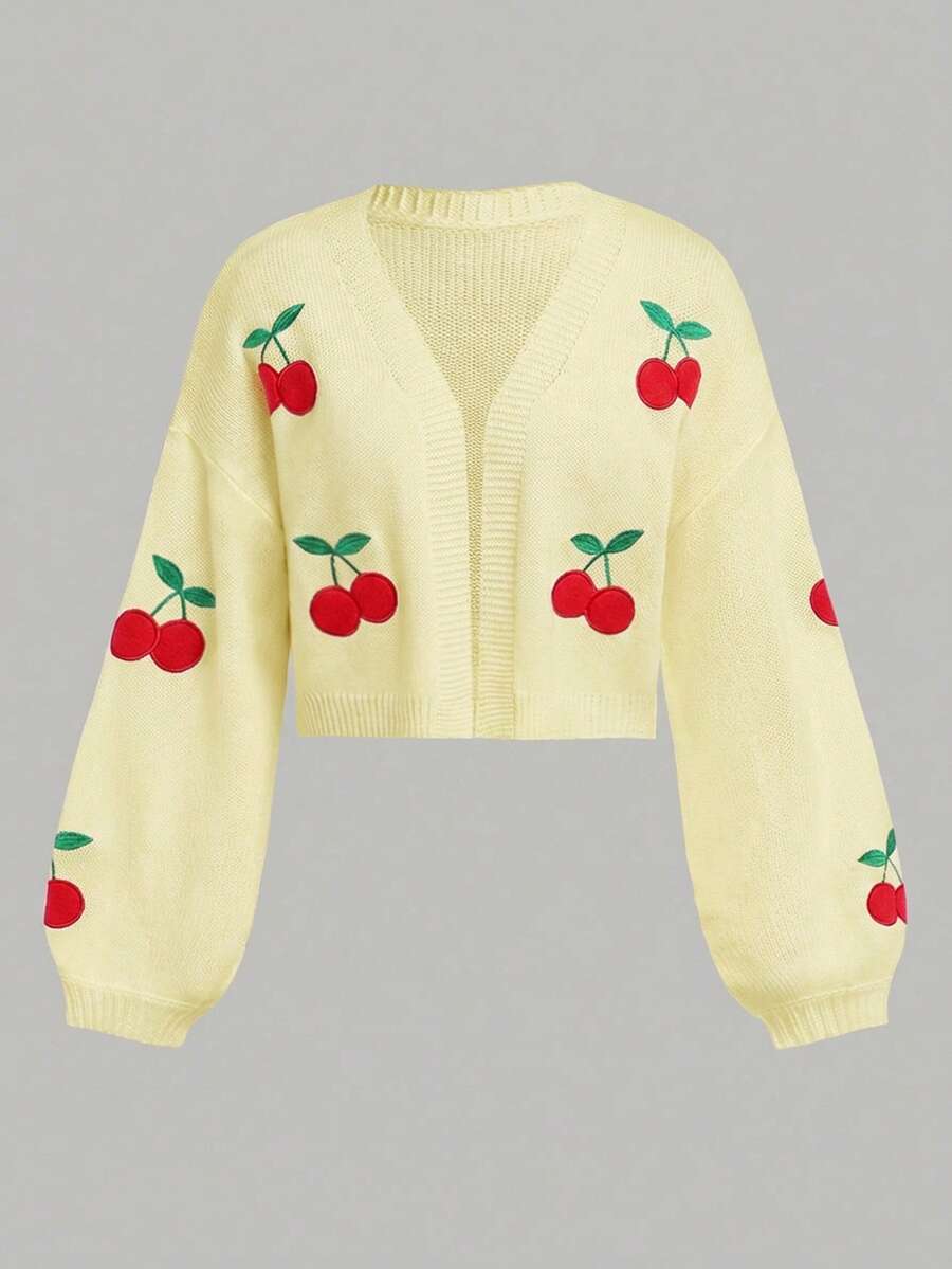 SHEIN Girlism 青少年女孩黃紅配色可愛櫻桃水果圖案刺繡百搭戶外針織開襟外套 - 黃色 - 查看 1