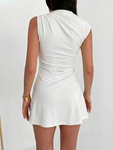 Aloruh Metal Decor Ruched Sleeveless Fashion Mini Dress - White - View 2