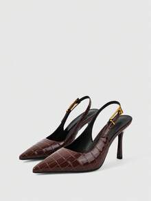 Sleekvia Women's New Thin High-Heel Pointed-Toe Pumps, Mirror PU Material, Metal Rhinestone Buckle, Simple And Elegant Commuter Wear, Back Strap Pointed-Toe Heels - bright brown - View 6