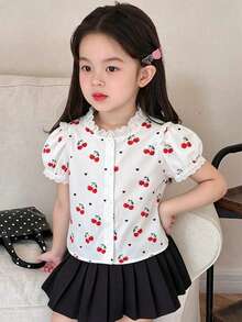 SHEIN Playful Pals 女童休閒時尚荷葉邊泡泡袖櫻桃印花襯衫，適合夏季休閒外出 - 白色 - 查看 3