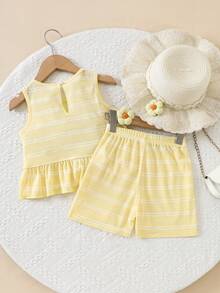 SHEIN Elladie kids 女童條紋針織無袖上衣短褲2件套，夏季家庭度假度假風黃色荷葉邊休閒校服套裝 - 黃色 - 查看 3