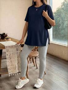 SHEIN Maternity Summer Loose Solid Color Side Slit Short Sleeve Top And Tight Pants 2pcs Set - Royal Blue - View 3