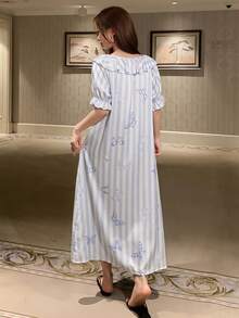 DAZY Women's Striped Butterfly Print Ruffle Hem Nightgown - Blue - View 2
