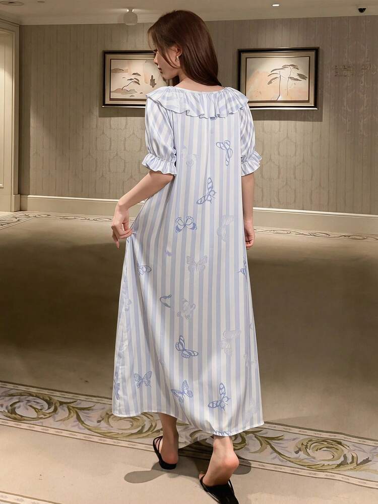 Women's Striped Butterfly Print Ruffle Hem Nightgown