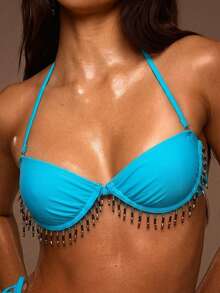 Musera Resort Underwire Beaded Detail Detachable Straps Bandeau Bikini Top Only Summer Swim Beach Vacation Everyday Sexy Cute Boho Travel Sunspell - Blue - View 5