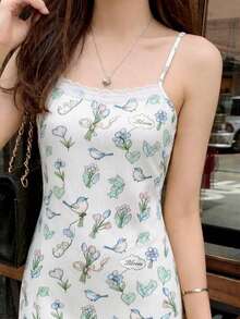 INAWLY Cute Bird Print Contrast Lace Camisole Dress - Multicolor - View 4