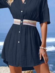 Swim Lushoire 2026 New Women's Navy Blue Short Sleeve Shirt With Elastic Patchwork Casual Tropical Vacation Beach Vacation Kimono Cover-Up Summer - Navy Blue - View 4