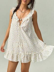 SoleilVie Women's Elegant Modest White Floral Pattern Sleeveless Short Dress Vacation Summer - Yellow - View 5