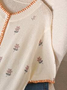 CosyJoli Women's Contrast Color Print Round Neck Short Sleeve Cardigan, Spring/Summer Fall/Winter - Apricot - View 5