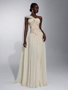 Elitara Elegant Queen Casual Cream Elastic Mesh Fabric Beaded Patchwork Sequins Buckle Decor Ruched Bust Voluminous Skirt Party Formal Bridal Dress - Light Yellow - View 6