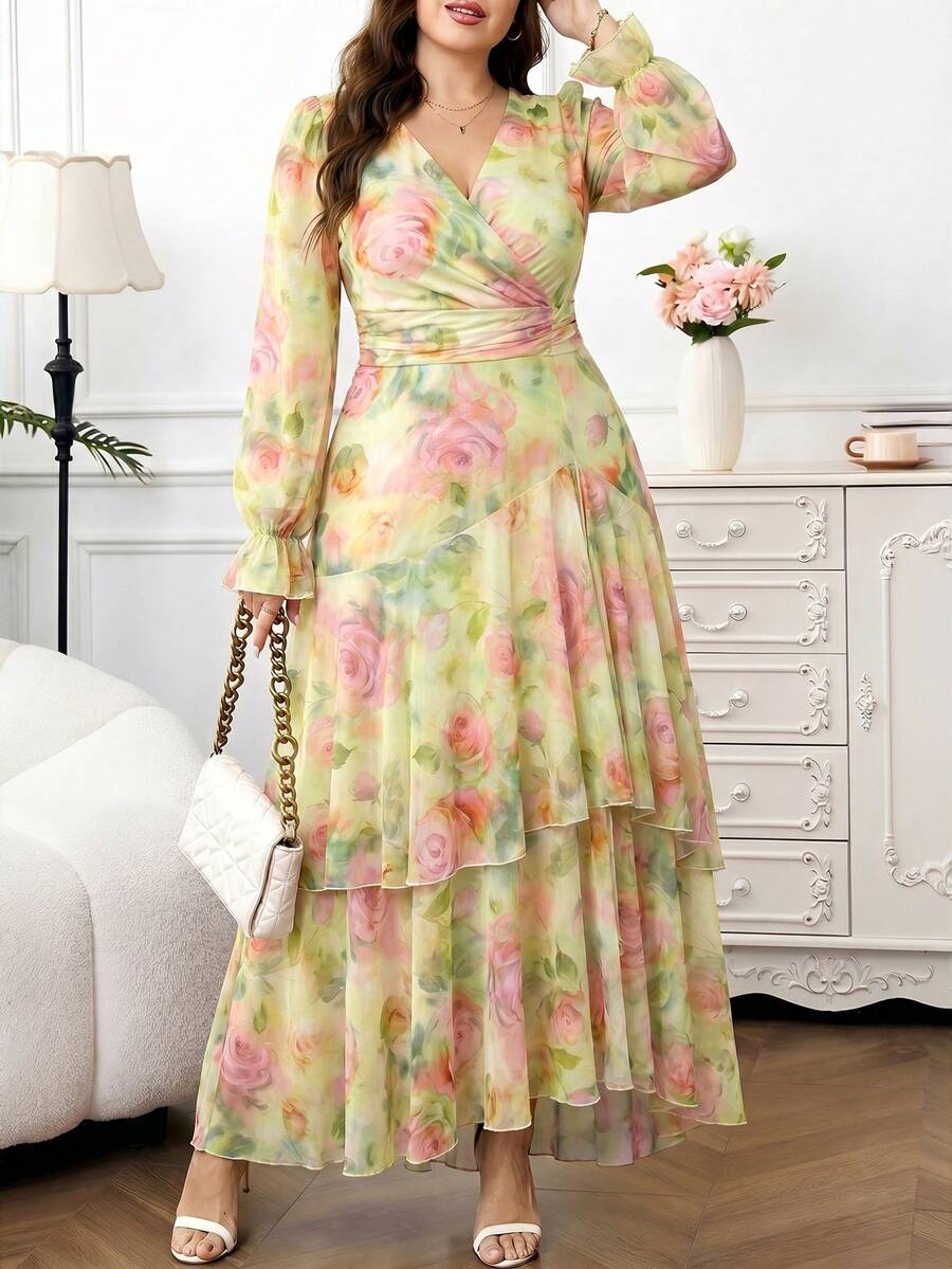 Reflora Plus Size Women's Elegant Long Floral Print Ruffle Hem Short Sleeve Casual Maxi Dress - Apricot - View 1