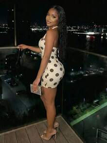 Slaydiva Summer New Elegant Sexy Slim Fit Polka Dot Apricot Brown Backless Mini Dress, Suitable For Valentine's Day Women's Wear, Perfect For Daily Wear, Party, Sexy Girls, Sexy Club, Casual Street Style, Date, Valentine's Day, Brunch, Airport, Back To School, Vacation, Holiday, Wedding Season. Vacation - Apricot - View 7