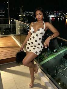 Slaydiva Summer New Elegant Sexy Slim Fit Polka Dot Apricot Brown Backless Mini Dress, Suitable For Valentine's Day Women's Wear, Perfect For Daily Wear, Party, Sexy Girls, Sexy Club, Casual Street Style, Date, Valentine's Day, Brunch, Airport, Back To School, Vacation, Holiday, Wedding Season. Vacation - Apricot - View 9