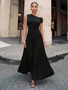 Zivah Easter St. Patrick's Day Valentine's Day Wedding Guest Party Asymmetric Shoulder Patchwork Pleated Hem Long Black Knit Dress - Black - View 5