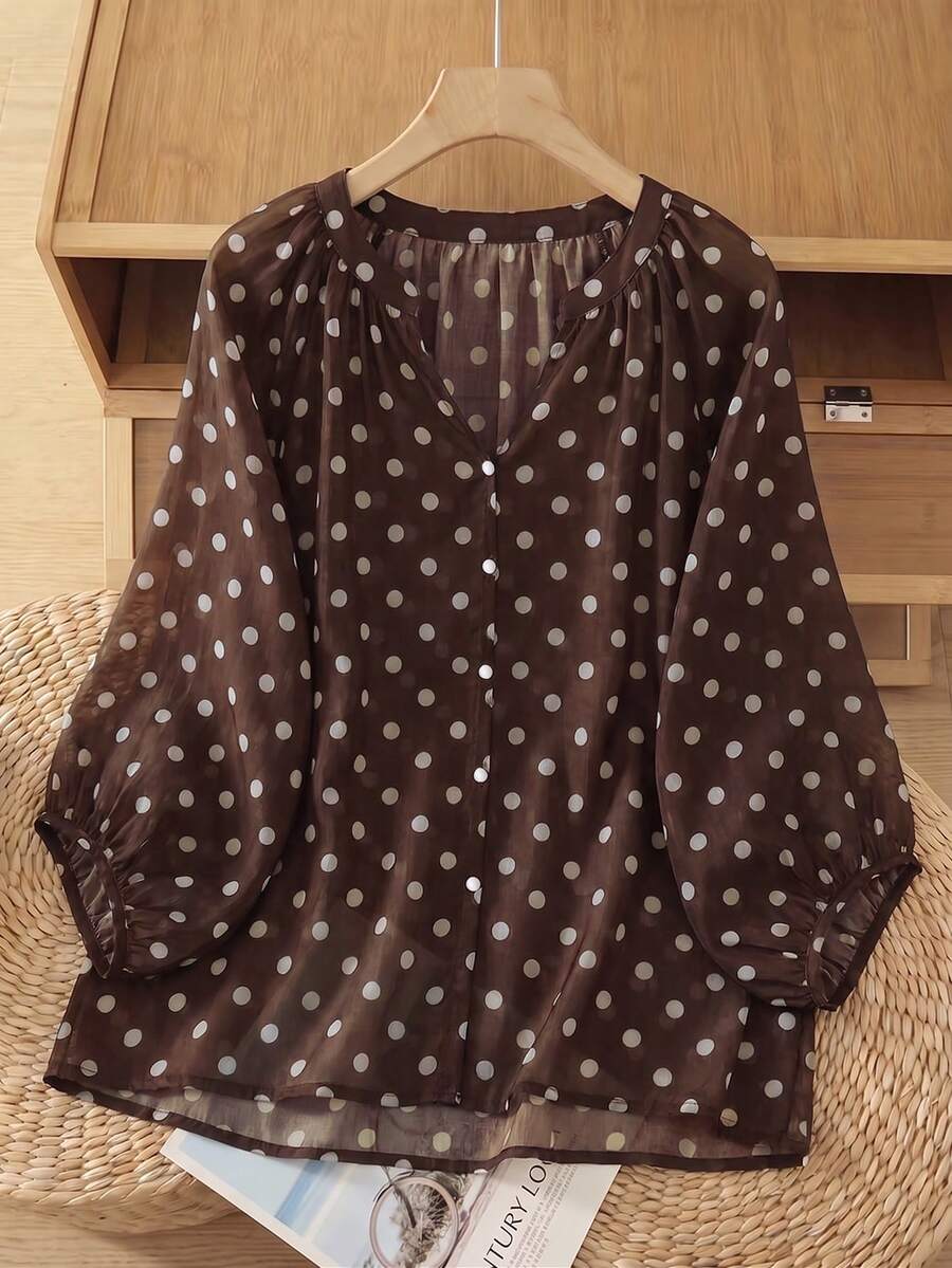 SHEIN LUNE CURVE Áo sơ mi nữ size lớn dáng rộng phong cách thường ngày đi nghỉ mát, cổ chữ V, tay lồng đèn, kiểu vintage - màu nâu - Xem 1