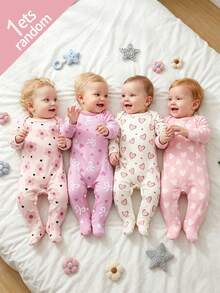 SHEIN Vintaside Kids [Mua 4 tặng 1] Bộ áo liền quần dài tay in hình hoa, trái tim, nơ cho bé, chất liệu mềm mại cho mùa xuân/hè, bộ đồ ngủ liền thân dài tay cho bé, bộ đồ ngủ liền thân màu hồng hình trái tim dễ thương tối giản. - Nhiều màu - Xem 1