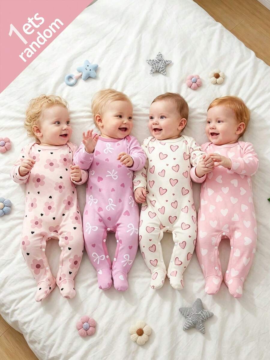 SHEIN Vintaside Kids [Mua 4 tặng 1] Bộ áo liền quần dài tay in hình hoa, trái tim, nơ cho bé, chất liệu mềm mại cho mùa xuân/hè, bộ đồ ngủ liền thân dài tay cho bé, bộ đồ ngủ liền thân màu hồng hình trái tim dễ thương tối giản. - Nhiều màu - Xem 1