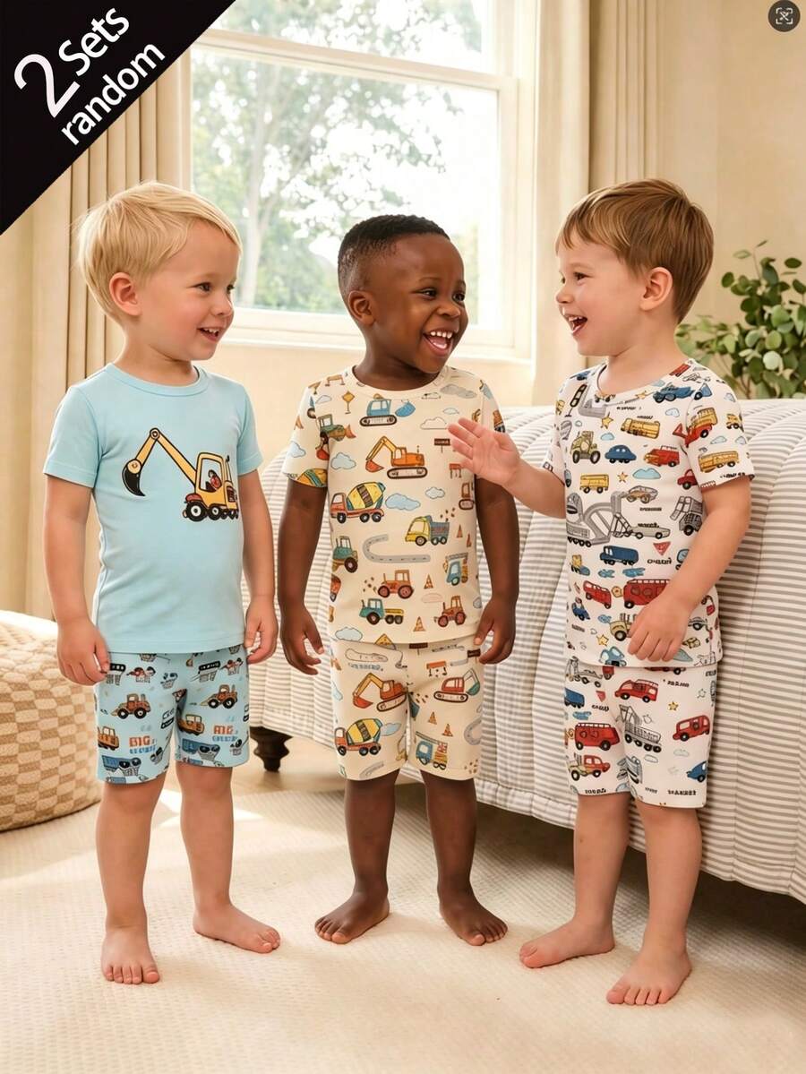 SHEIN [2 Sets Random] Baby Boy Snug Fit Pajamas Short Sleeve & Shorts Summer Light Blue & Cream Cartoon Truck Vehicle Print Soft Lightweight Knit - Multicolor - View 1