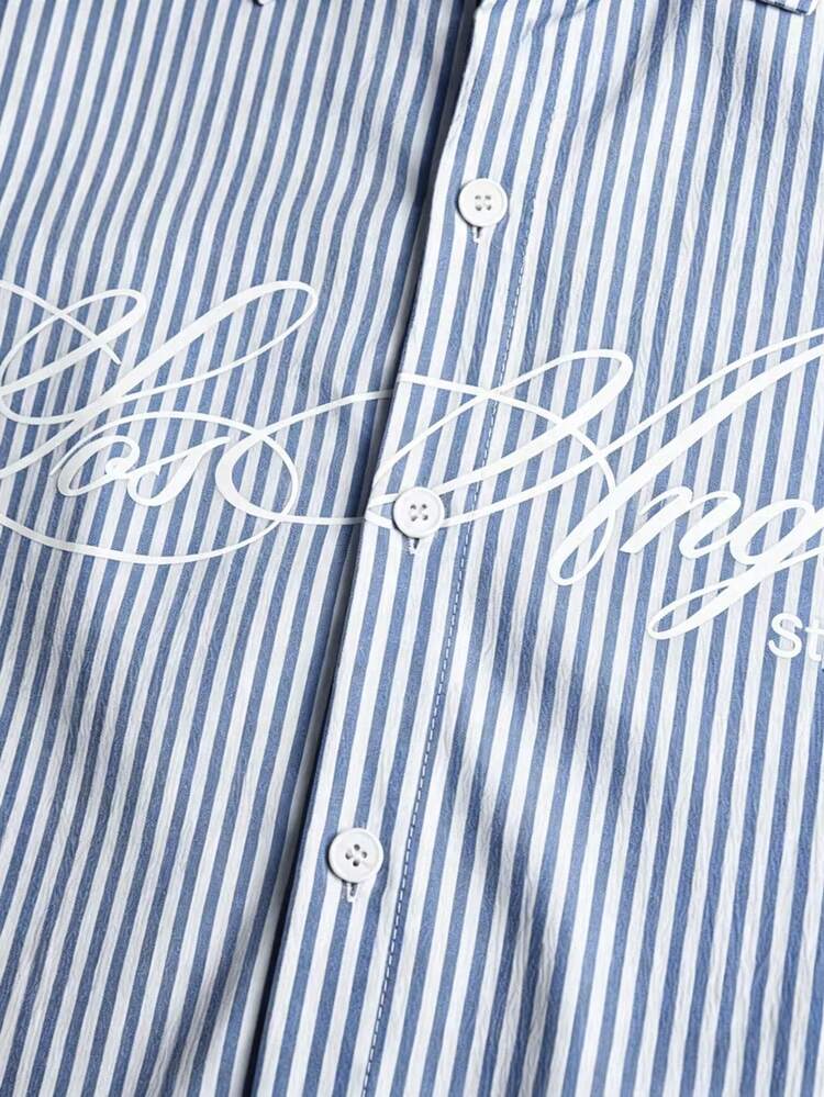 STYNVO 男士字母条纹印花前开襟休闲短袖衬衫 - 藏蓝色 - 查看 5
