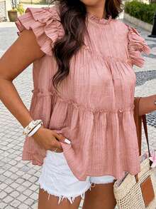 Vionelle Plus Size Women's Solid Color Pleated Casual Versatile Daily Travel Shirt - Coral Pink - View 1