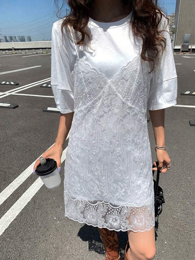 Women's Lace Patchwork Sleeveless 2 In 1 Short Sleeve Dress
