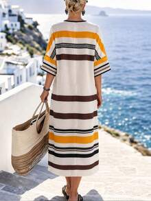 Isle Nomé Women's Casual Boho Loose Pastel Rainbow Print V-Neck Short Sleeve Dress, Summer Beach - Multicolor - View 2