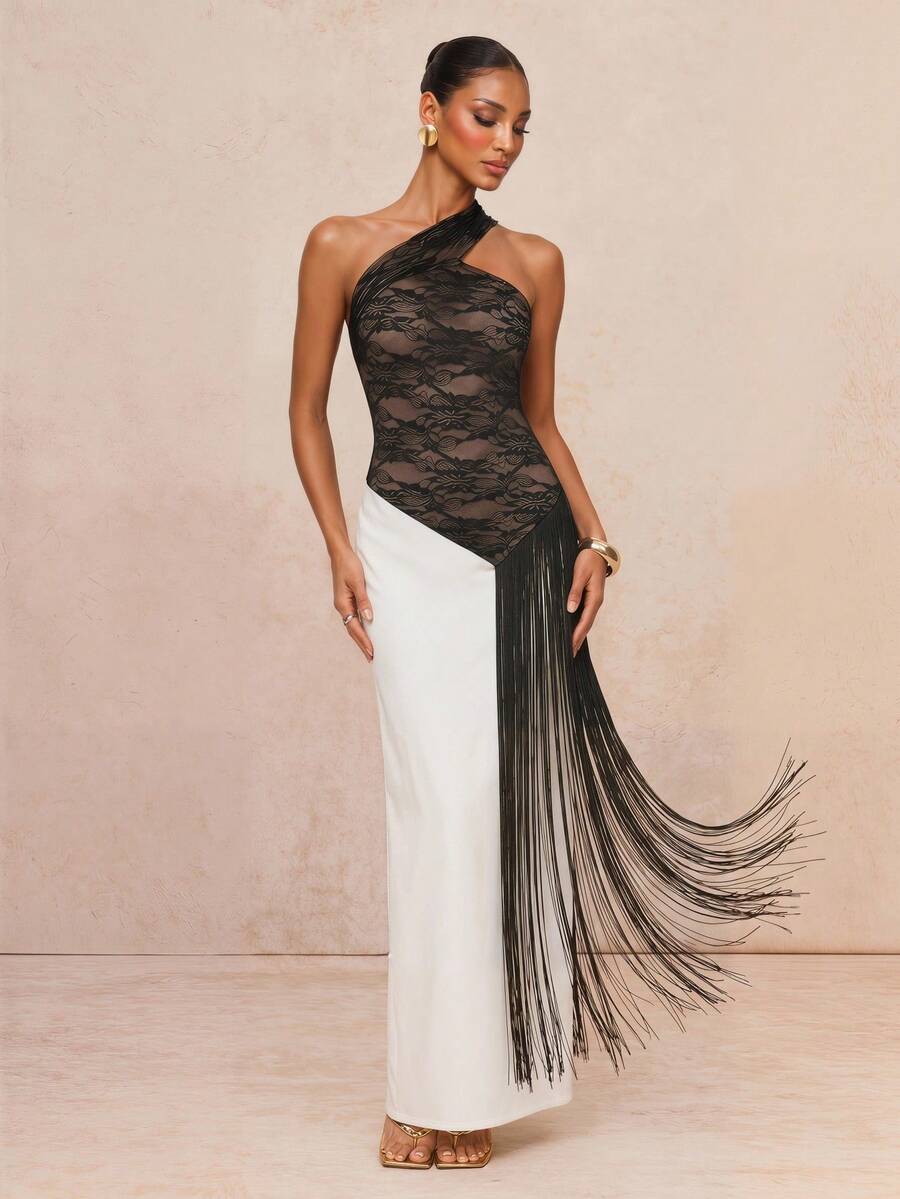 Lumalex Black Lace One Shouldert Top With Asymmetrical Fringe Detail Sculpted Bodice And Dramatic Draped Design, Festival Outfits, Graduation, Festa Junia, Prom Looks