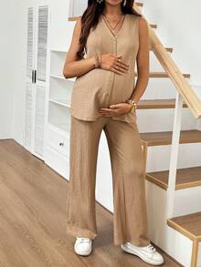 SHEIN 2pcs/Set Maternity Summer Casual Vacation Daily Commute Photoshoot Minimalist Versatile Solid Color Sleeveless Single-Breasted Vest And Pants - Khaki - View 6