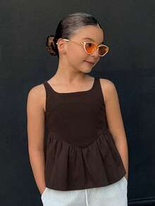 DAZY Young Girl Summer Casual Solid Color Ruffle Tank Top - Brown - View 1