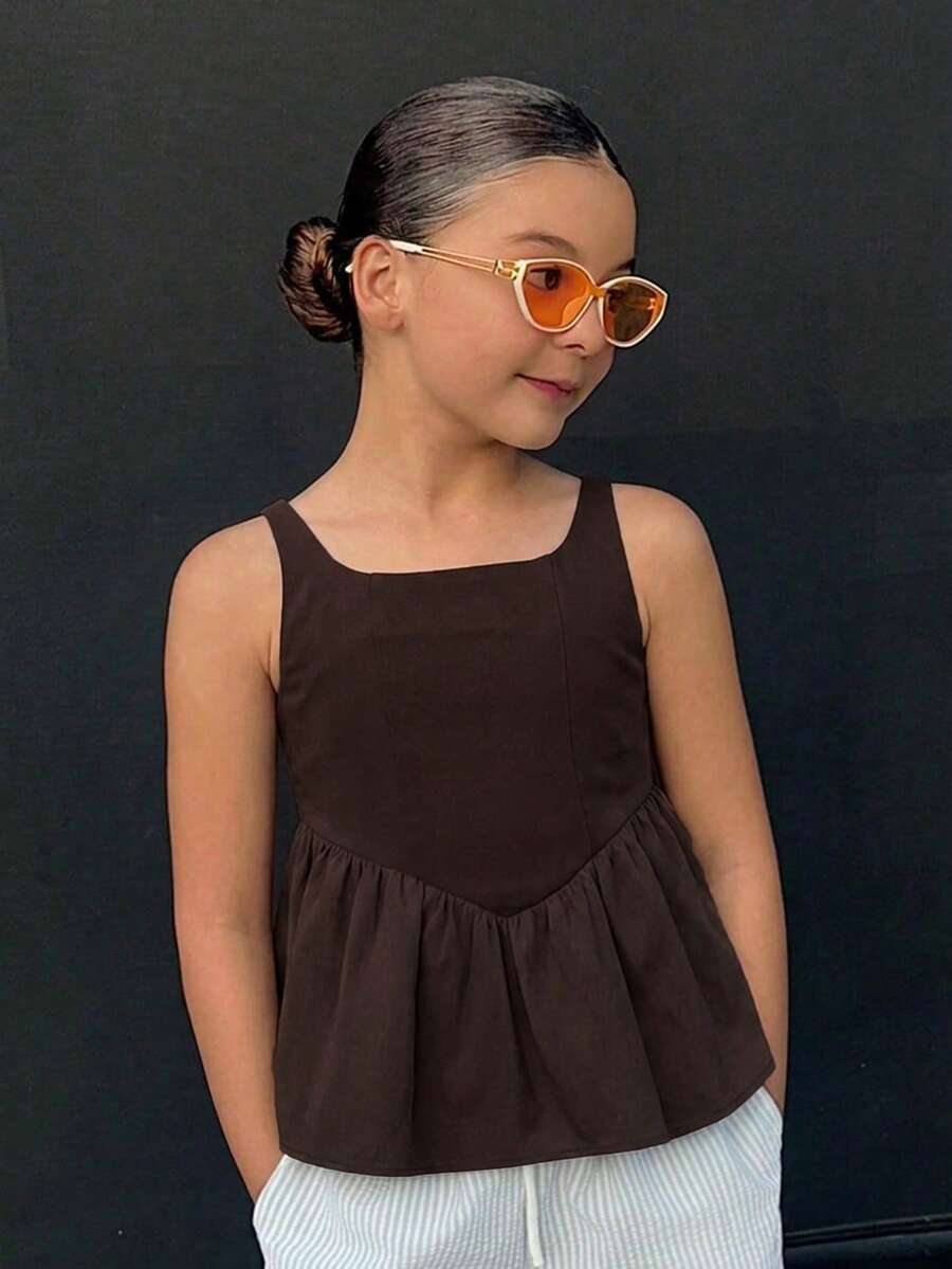 DAZY Young Girl Summer Casual Solid Color Ruffle Tank Top - Brown - View 1